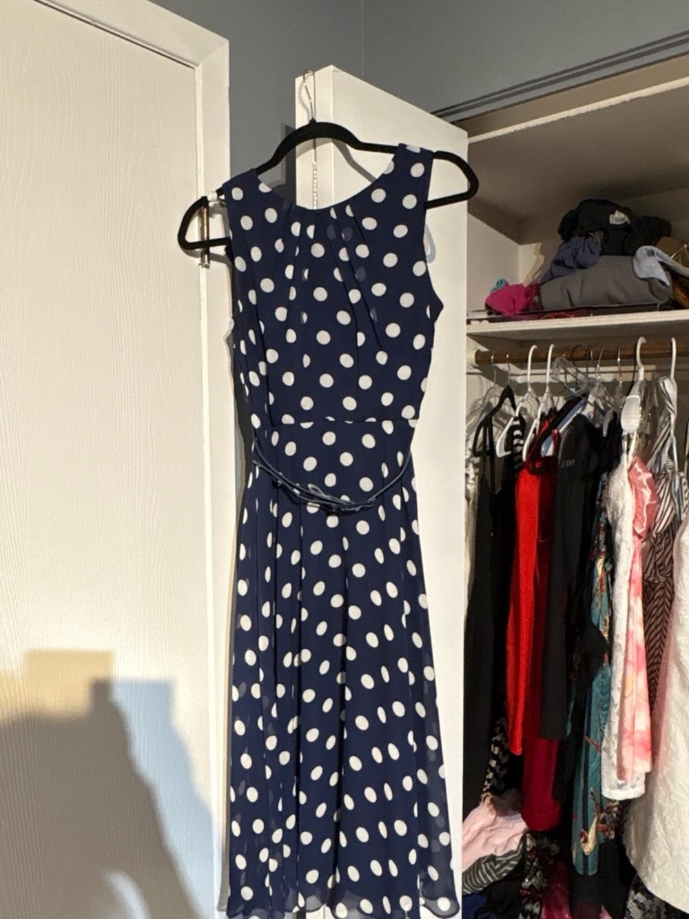 Eliza J Navy and White Polka Dot Sleeveless Midi Dress